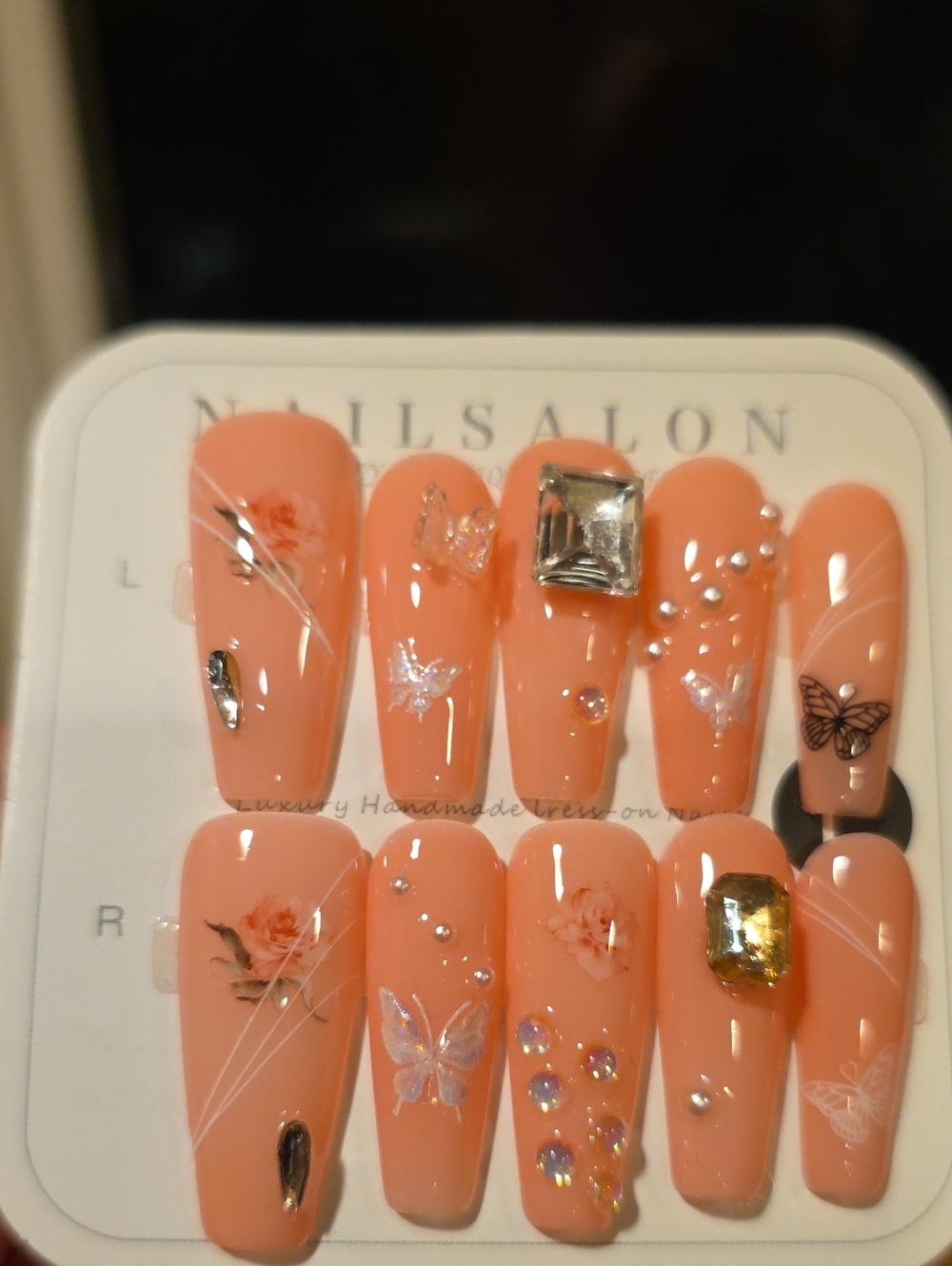 Peach Coral Press-On Nails with Rhinestones and Butterfly Accents Size Large
